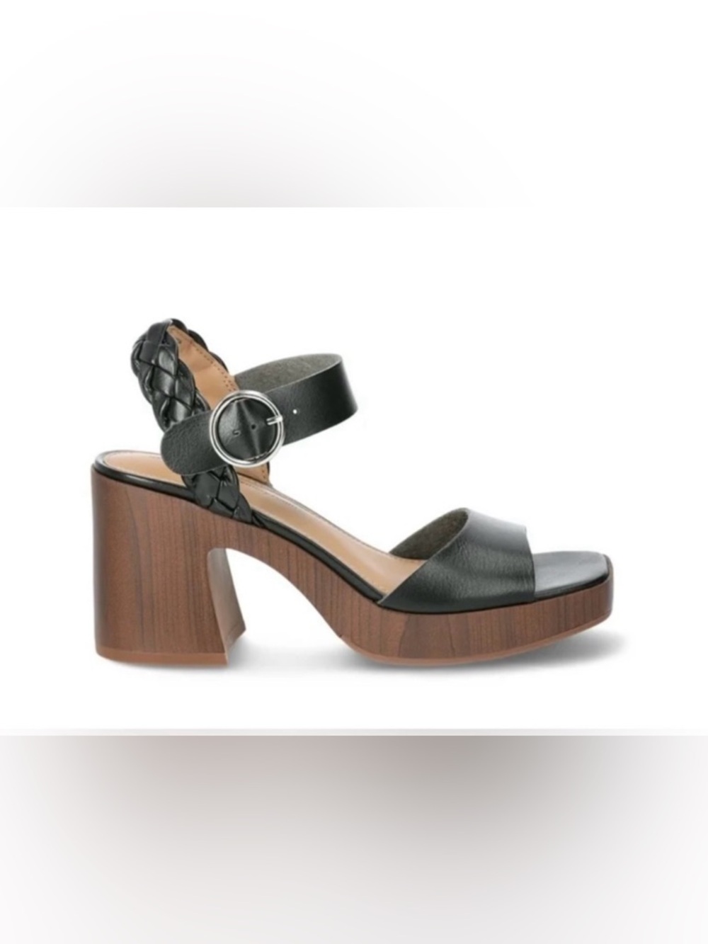 Women's Black Leather Platform Sandal with Wood-Look Heel